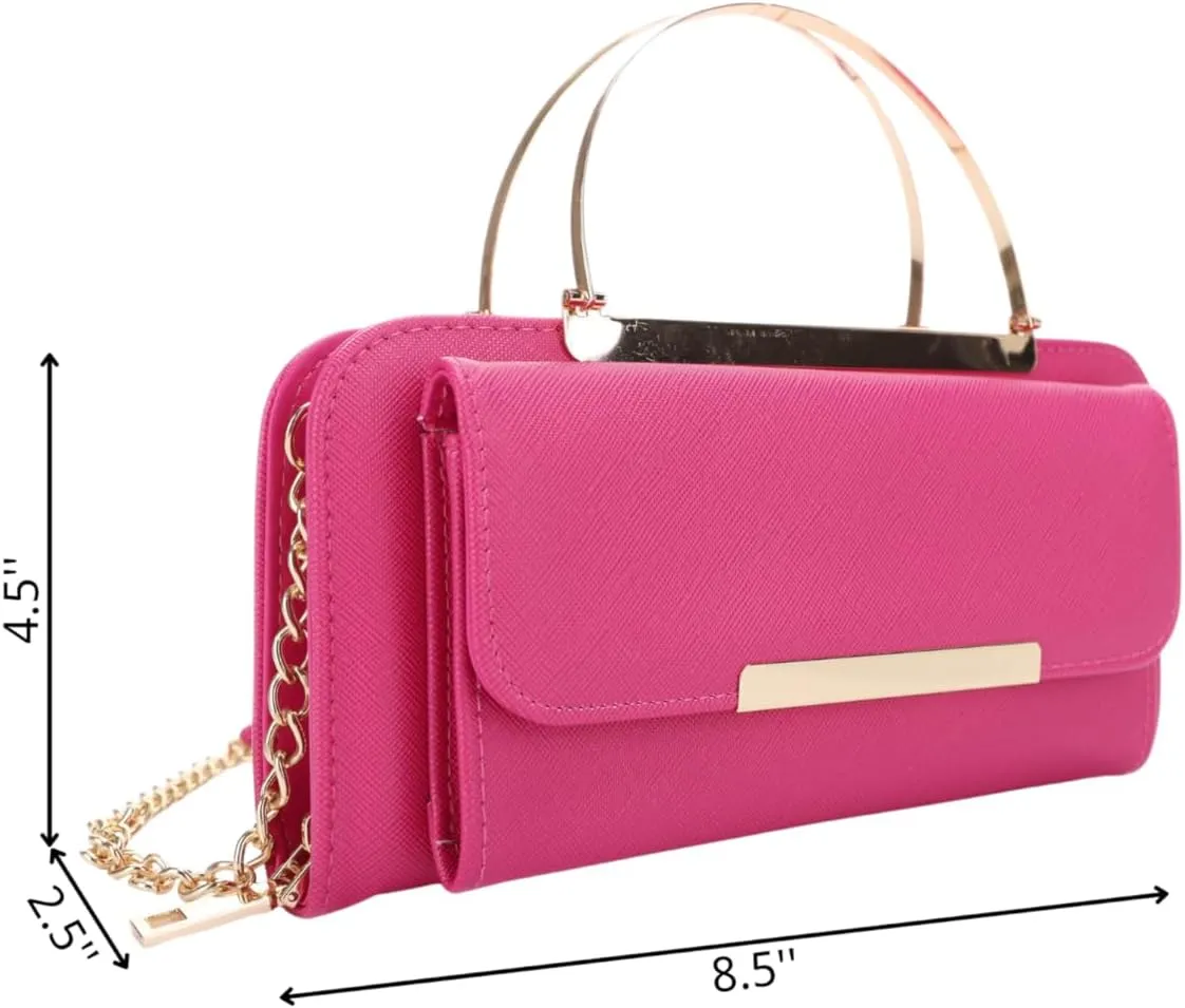 Elegant Crossbody Cell Phone Wallet on Chain Purse with Metal Bar and Top Handle Formal Evening Clutch