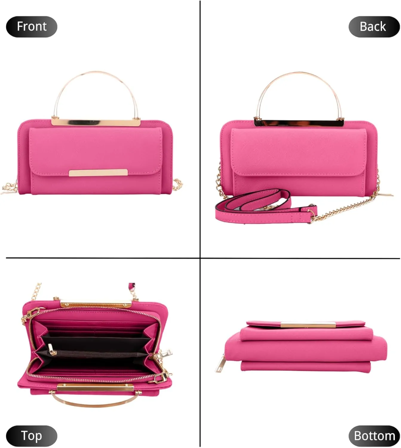 Elegant Crossbody Cell Phone Wallet on Chain Purse with Metal Bar and Top Handle Formal Evening Clutch