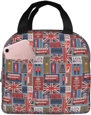 England Symbols Print Lightweight Insulated Lunch Bag Beach Trips Work Hiking Camping Daily Organization