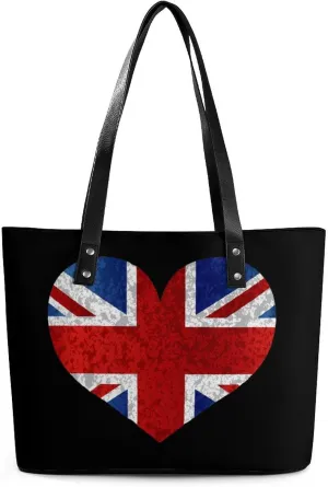 England Union Jack Flag Heart Novelty Fashion Women's Handbags Printed Tote Bag Shoulder Purse Top Handle With Pocket 11 X 11.5 X 5.5 Inch