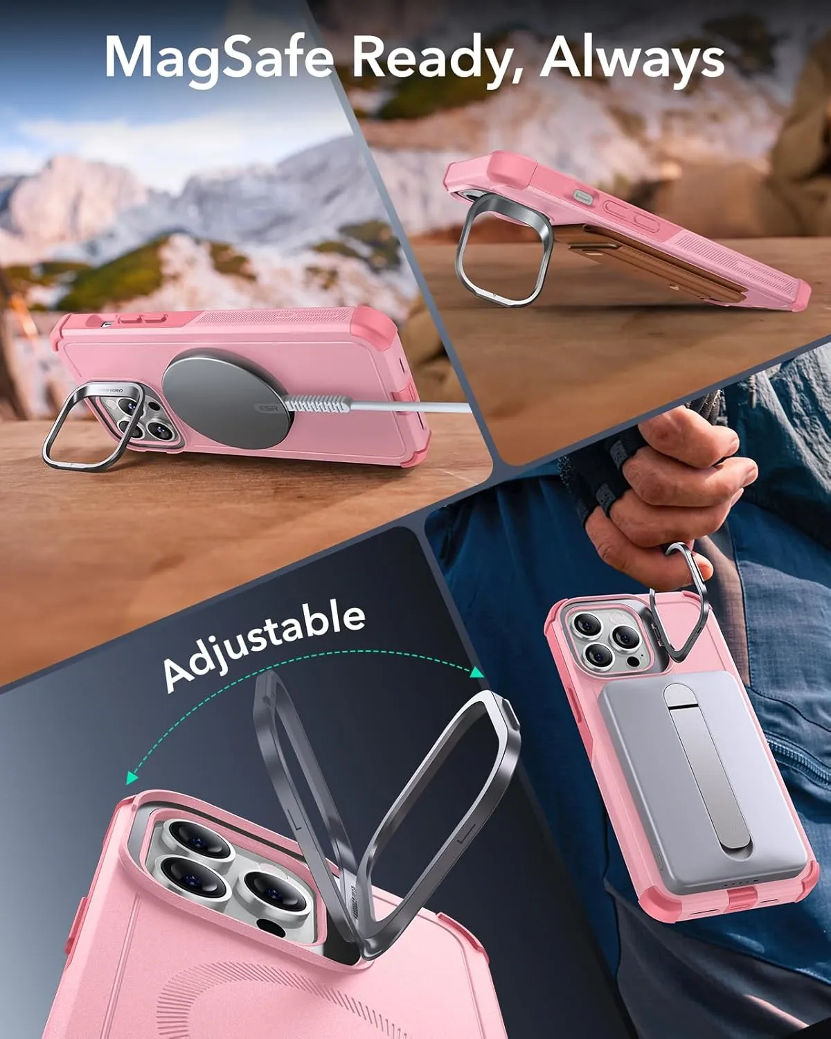 ESR for iPhone 13 Pro Case with Stand, 23 ft Military-Grade Drop Protection Heavy Duty Magnetic Phone Case, Compatible with MagSafe Accessories, Cyber Series, Pink