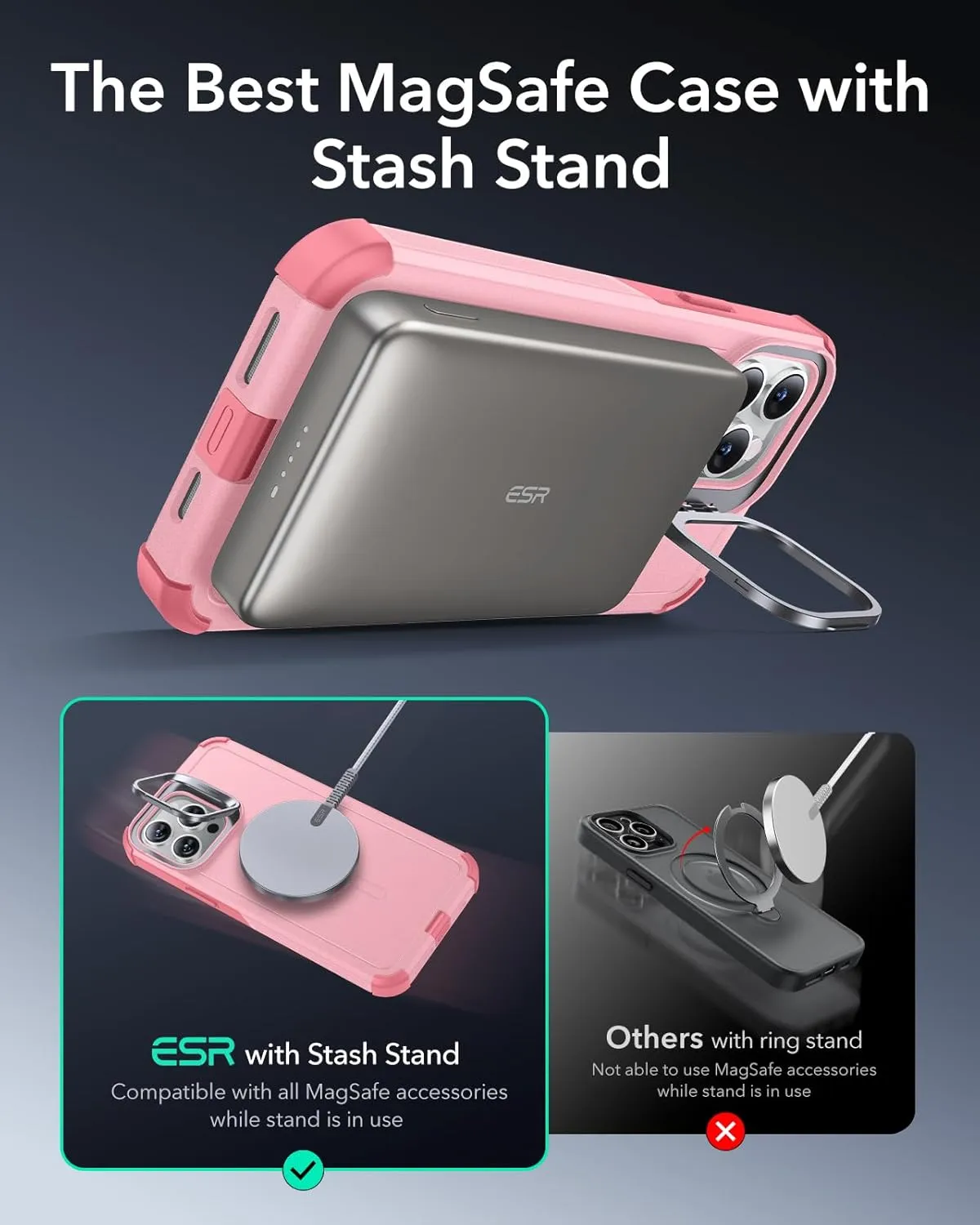 ESR for iPhone 13 Pro Case with Stand, 23 ft Military-Grade Drop Protection Heavy Duty Magnetic Phone Case, Compatible with MagSafe Accessories, Cyber Series, Pink