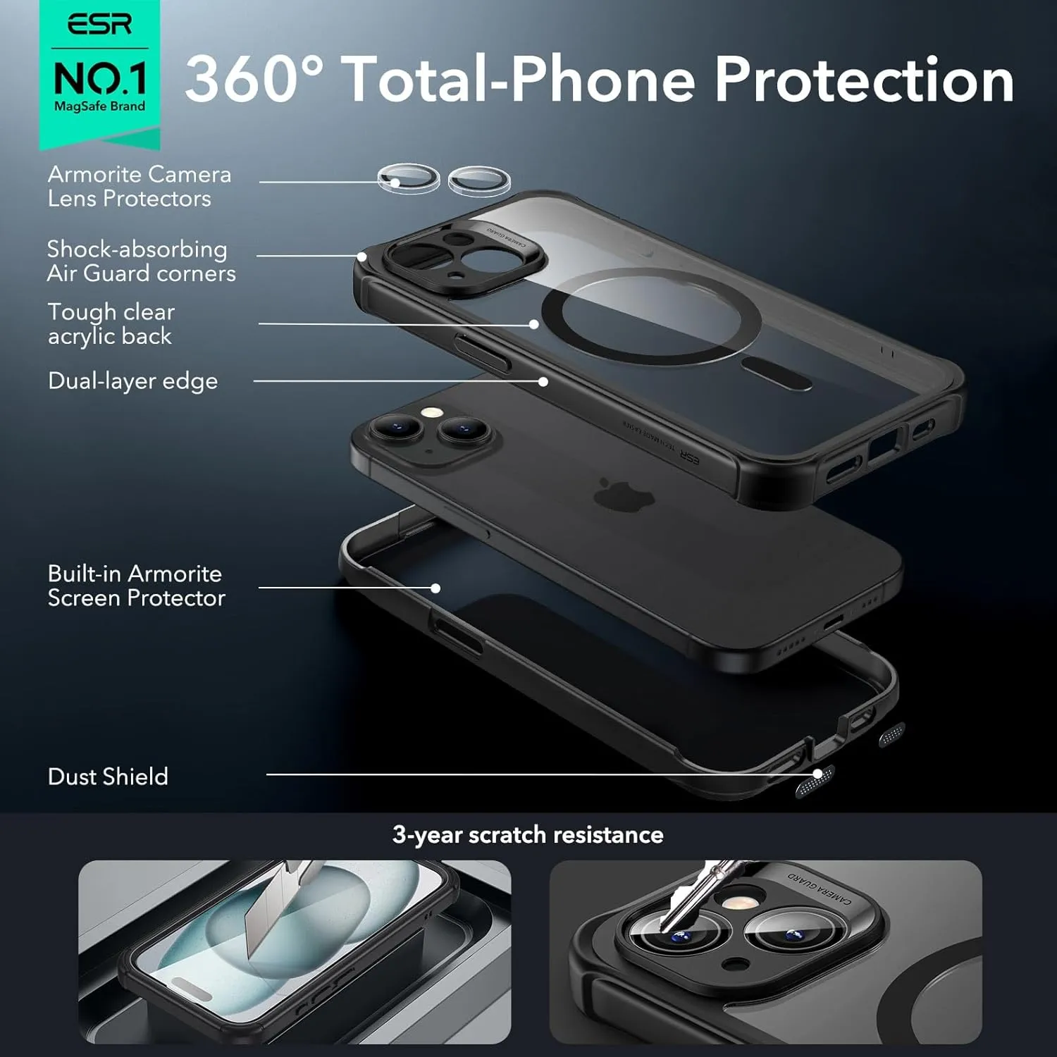 ESR for iPhone 15 Case, Compatible with MagSafe, Full-Body Military-Grade Drop Proof Case with Built-in 9H  Tempered Glass Screen Protector, Armor Series, Clear Black