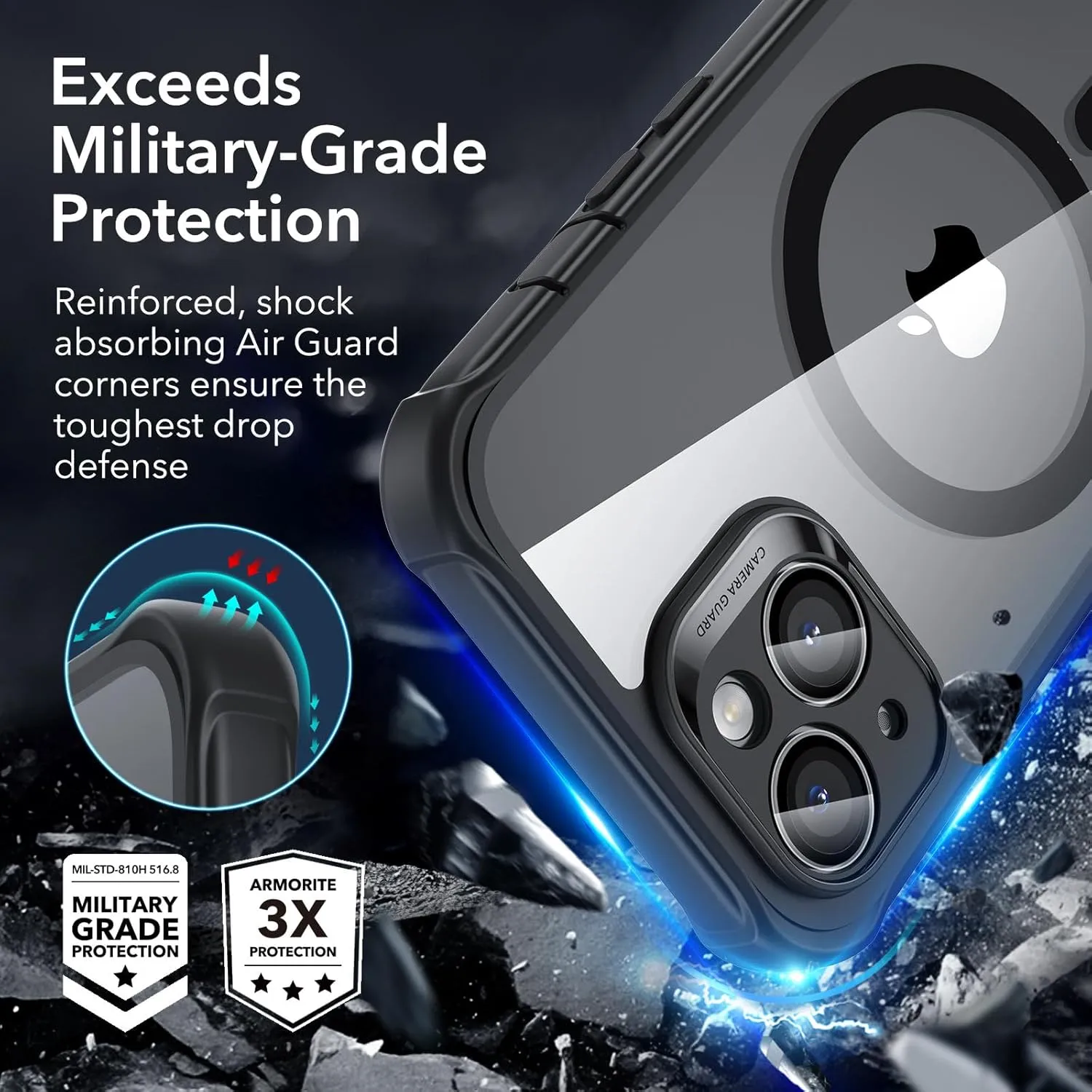 ESR for iPhone 15 Case, Compatible with MagSafe, Full-Body Military-Grade Drop Proof Case with Built-in 9H  Tempered Glass Screen Protector, Armor Series, Clear Black