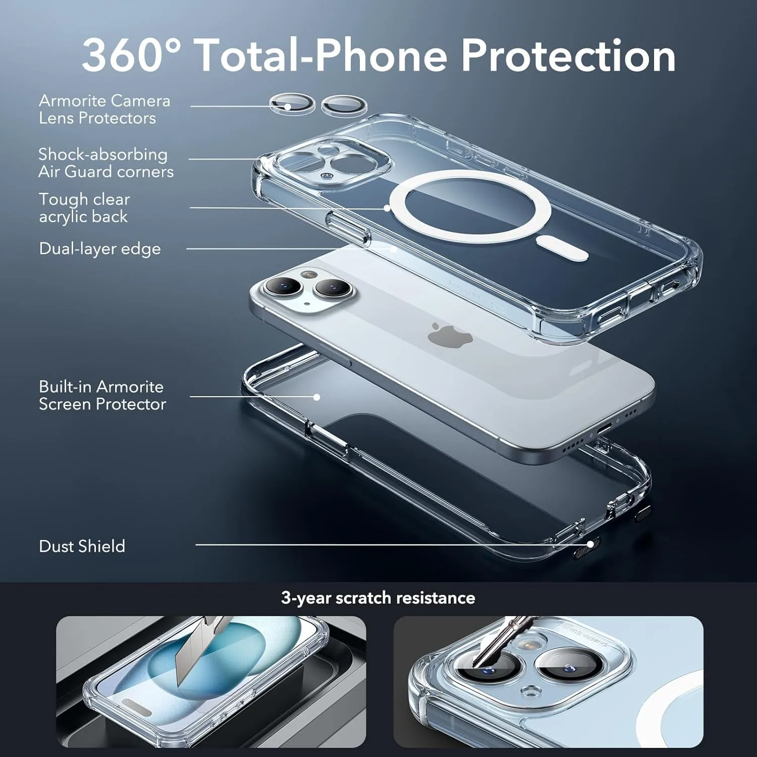 ESR for iPhone 15 Case, Compatible with MagSafe, Full-Body Military-Grade Drop Proof Case with Built-in 9H  Tempered Glass Screen Protector, Armor Series, Clear Blue