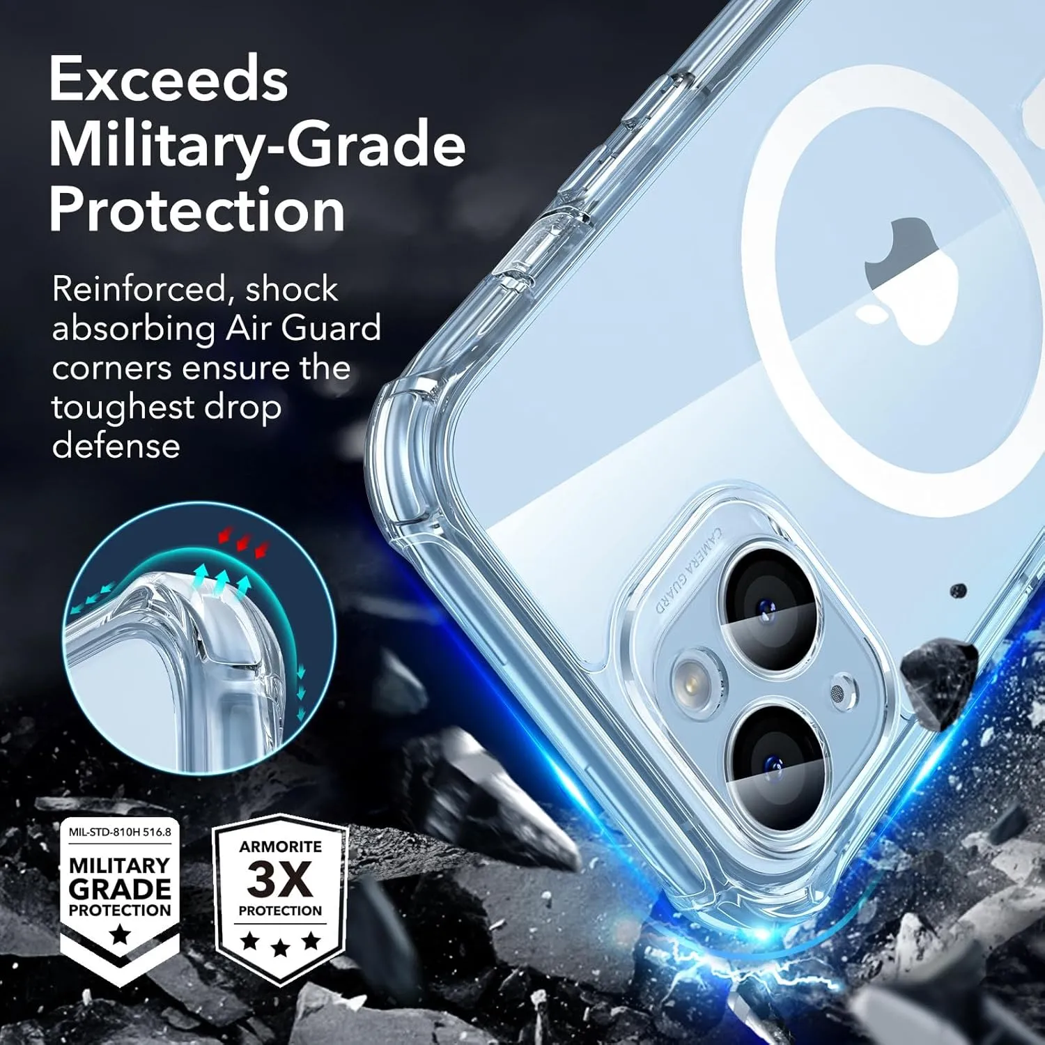 ESR for iPhone 15 Case, Compatible with MagSafe, Full-Body Military-Grade Drop Proof Case with Built-in 9H  Tempered Glass Screen Protector, Armor Series, Clear Blue