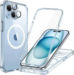 ESR for iPhone 15 Case, Compatible with MagSafe, Full-Body Military-Grade Drop Proof Case with Built-in 9H  Tempered Glass Screen Protector, Armor Series, Clear Blue