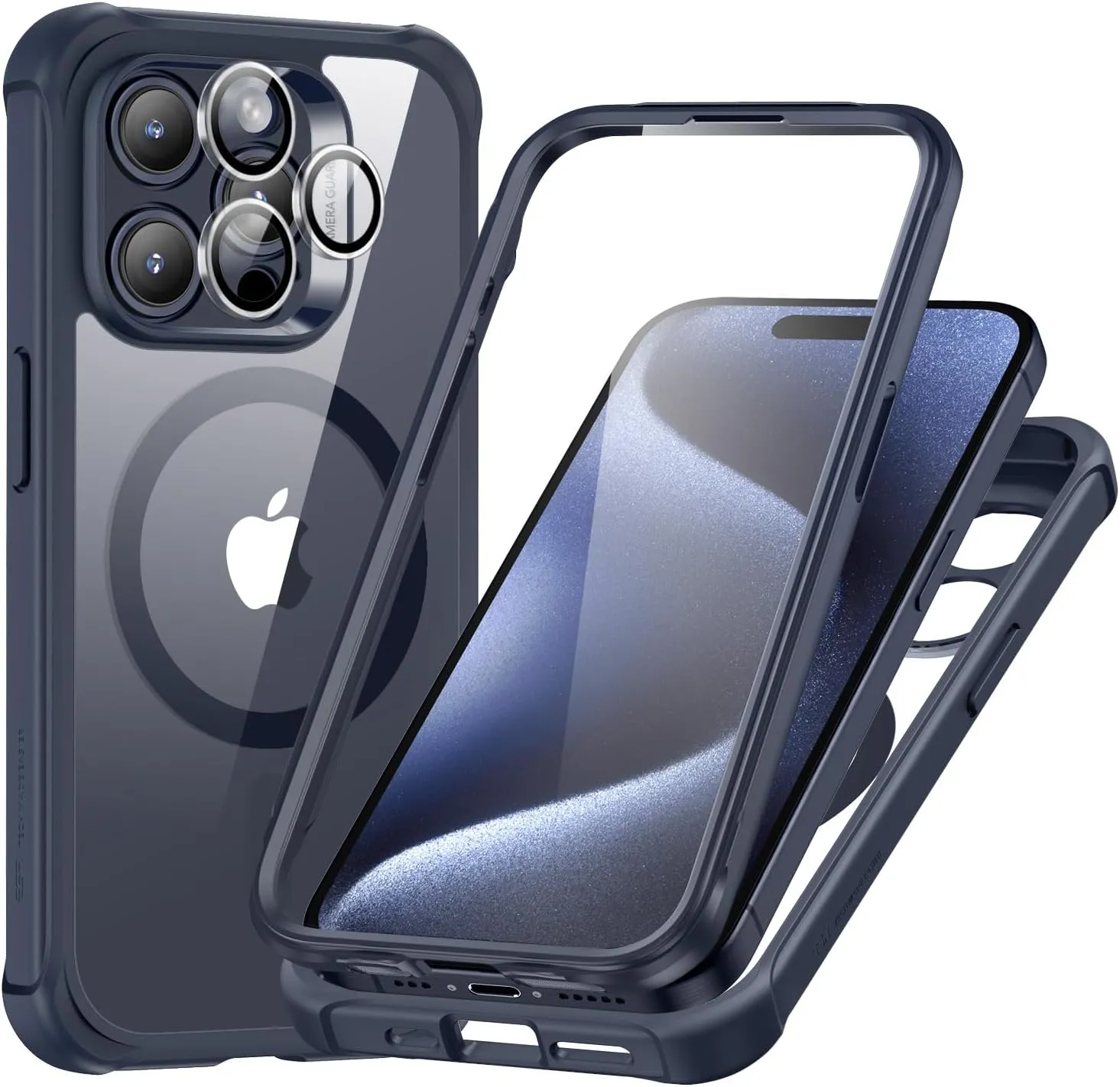 ESR for iPhone 15 Pro Case, Compatible with MagSafe, Full-Body Military-Grade Drop Proof Case with Built-in 9H  Tempered Glass Screen Protector, Armor Series, Clear Dark Blue