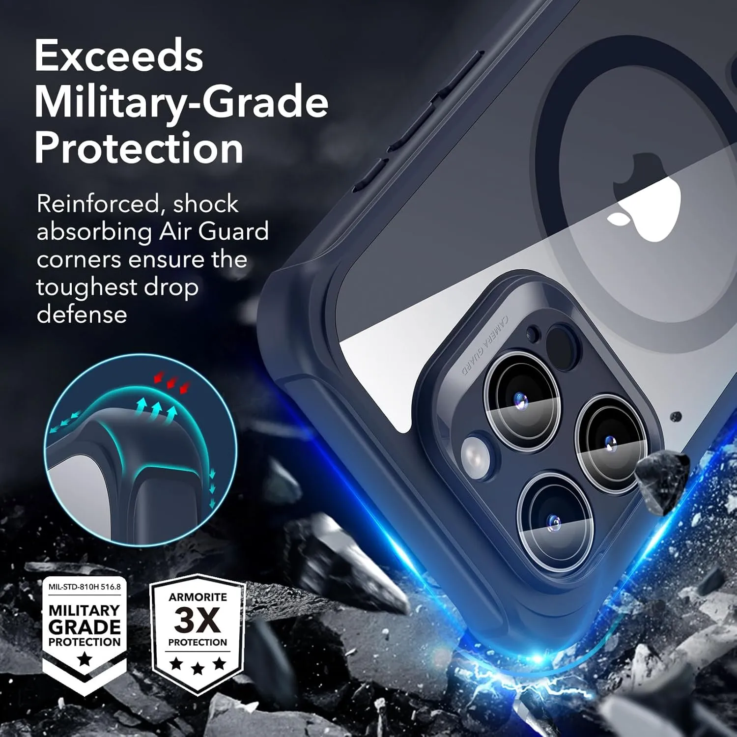 ESR for iPhone 15 Pro Case, Compatible with MagSafe, Full-Body Military-Grade Drop Proof Case with Built-in 9H  Tempered Glass Screen Protector, Armor Series, Clear Dark Blue