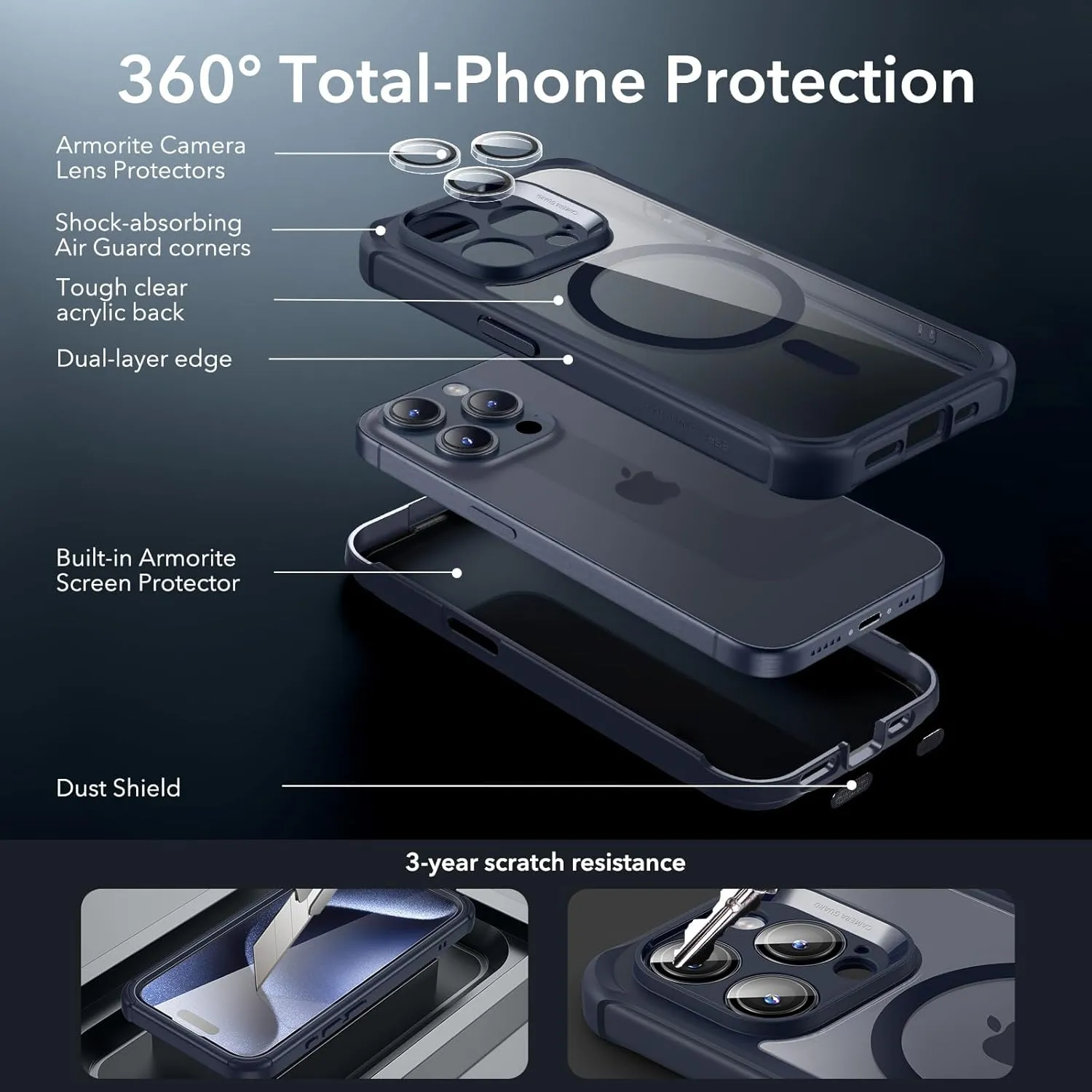 ESR for iPhone 15 Pro Case, Compatible with MagSafe, Full-Body Military-Grade Drop Proof Case with Built-in 9H  Tempered Glass Screen Protector, Armor Series, Clear Dark Blue