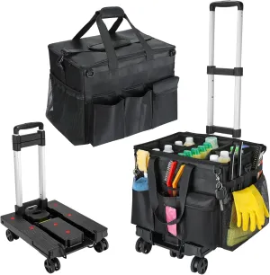 Extra Large Rolling Cleaning Caddy Bag with Detachable Trolley, Upgraded 360° Free Rotating with 5 Wheels and Dust-Proof Lid, Professional Cleaning Supplies Bag for Housekeepers, Black