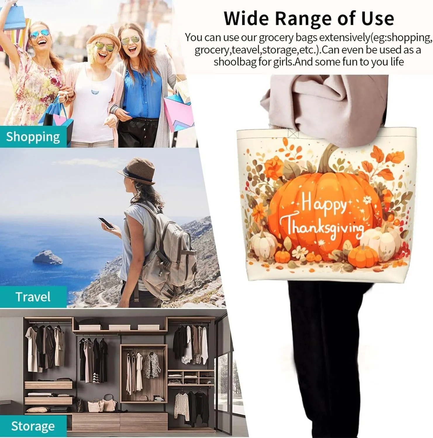 Fall Large Tote Bag Maple Leaf Pumpkin Thanksgiving Day Reusable Shoulder Tote Travel Bags