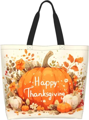 Fall Large Tote Bag Maple Leaf Pumpkin Thanksgiving Day Reusable Shoulder Tote Travel Bags