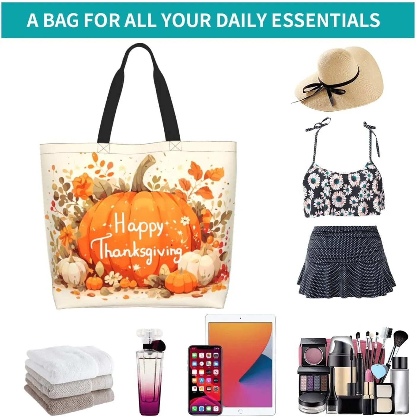 Fall Large Tote Bag Maple Leaf Pumpkin Thanksgiving Day Reusable Shoulder Tote Travel Bags