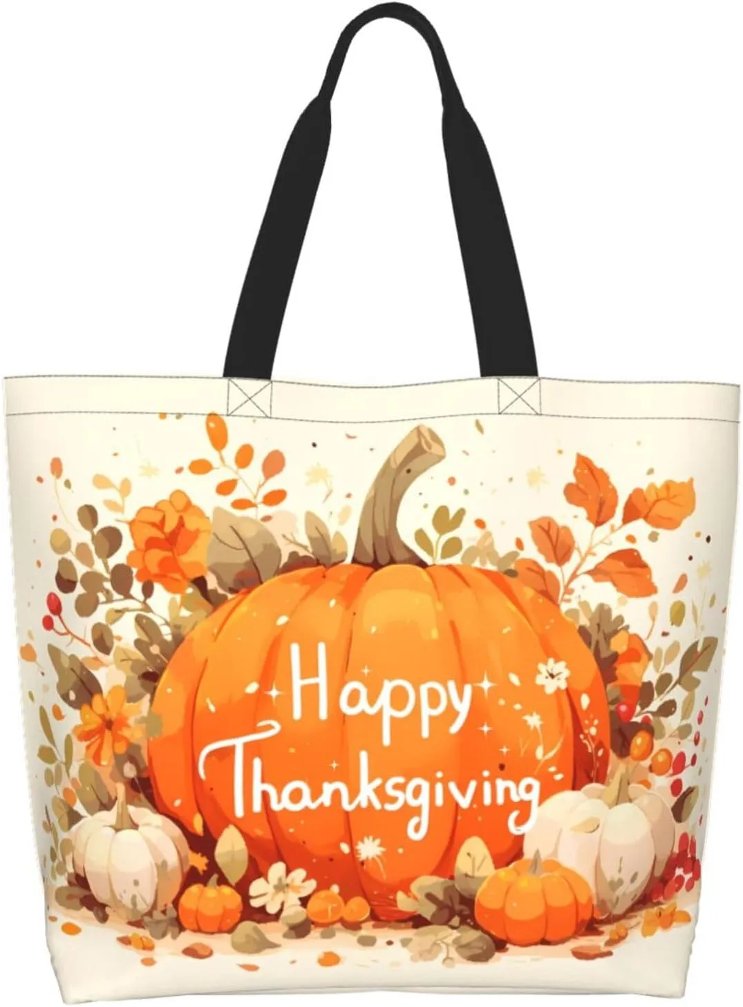 Fall Large Tote Bag Maple Leaf Pumpkin Thanksgiving Day Reusable Shoulder Tote Travel Bags