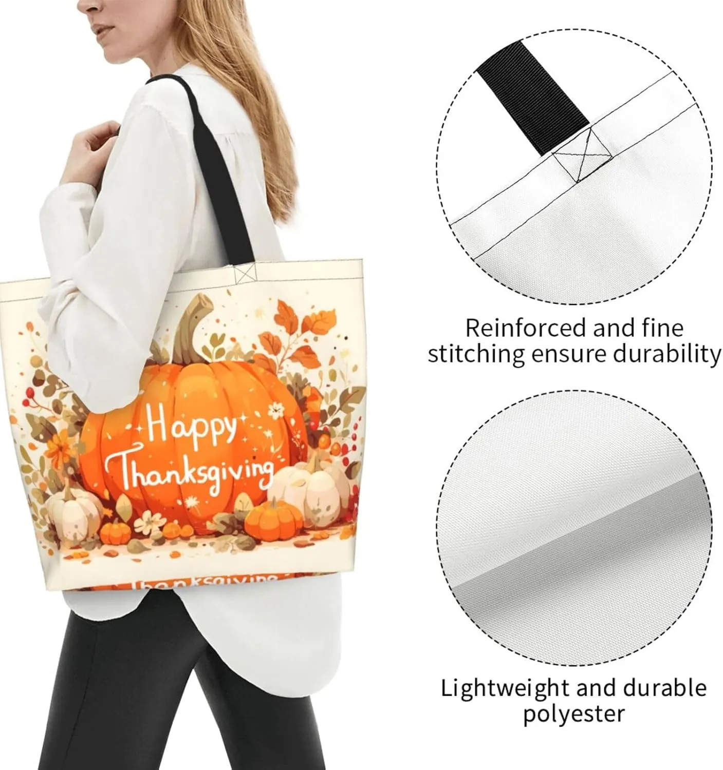 Fall Large Tote Bag Maple Leaf Pumpkin Thanksgiving Day Reusable Shoulder Tote Travel Bags