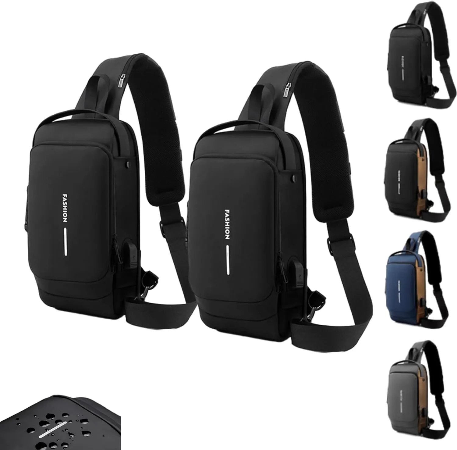 Fashion New Carbon Fiber Streamline Anti-Theft Sling Bag, USB Charging Shoulder Chest, Waterproof Sports Crossbody Backpack (2pcs-Black)
