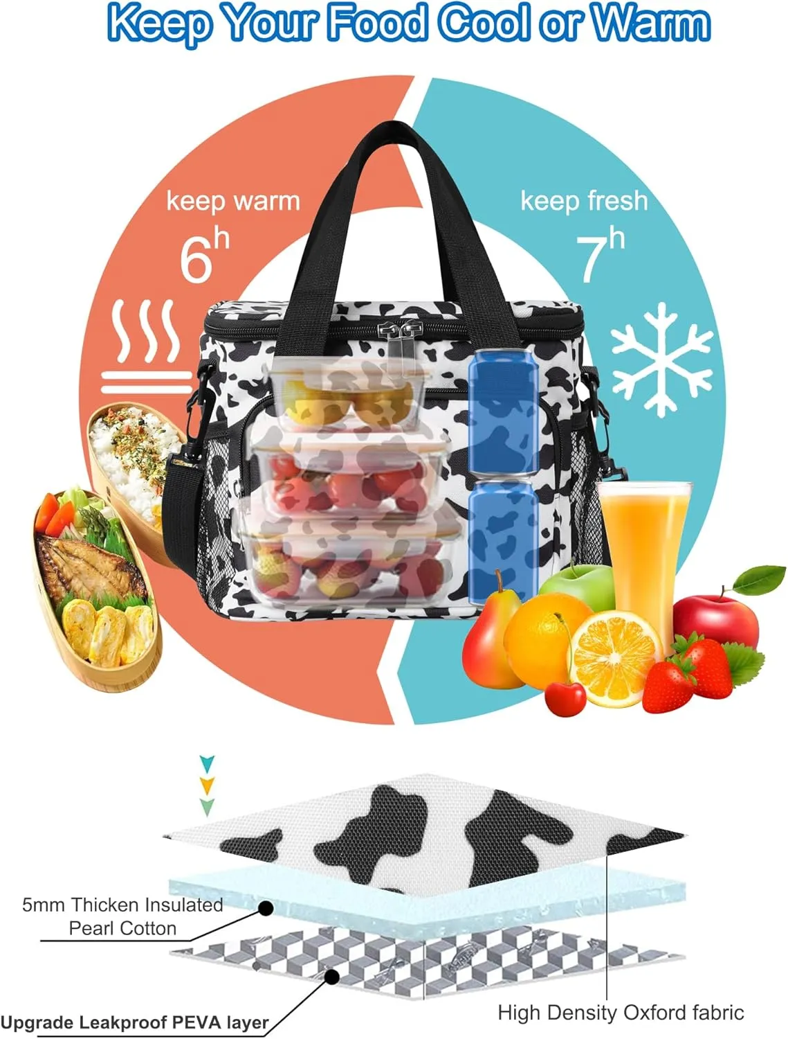 Femuar Lunch Bags for Women/Men, Insulated Lunch Bag for Work Office - Lunch Cooler Bag Leakproof Lunch Box with Adjustable Shoulder Strap - Cow print