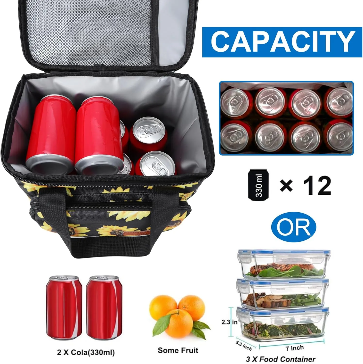 Femuar Lunch Bags for Women/Men, Insulated Lunch Bag for Work Office - Lunch Cooler Bag Leakproof Lunch Box with Adjustable Shoulder Strap - Sunflower