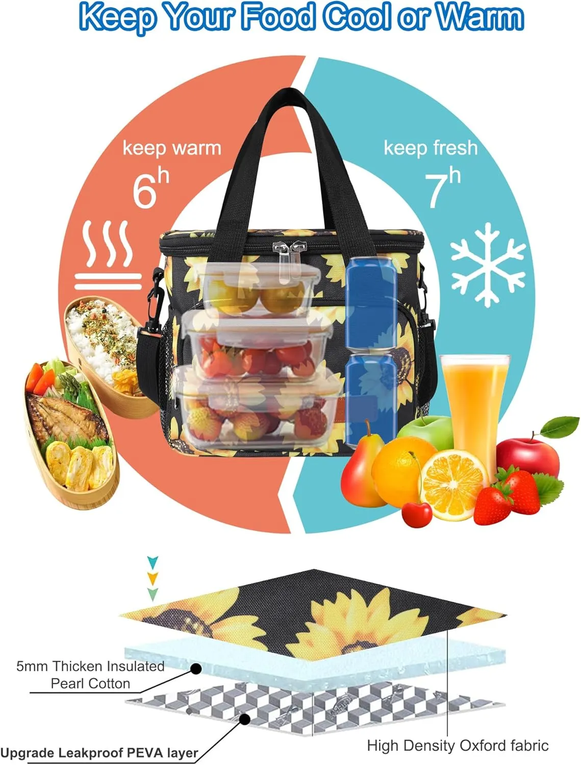 Femuar Lunch Bags for Women/Men, Insulated Lunch Bag for Work Office - Lunch Cooler Bag Leakproof Lunch Box with Adjustable Shoulder Strap - Sunflower