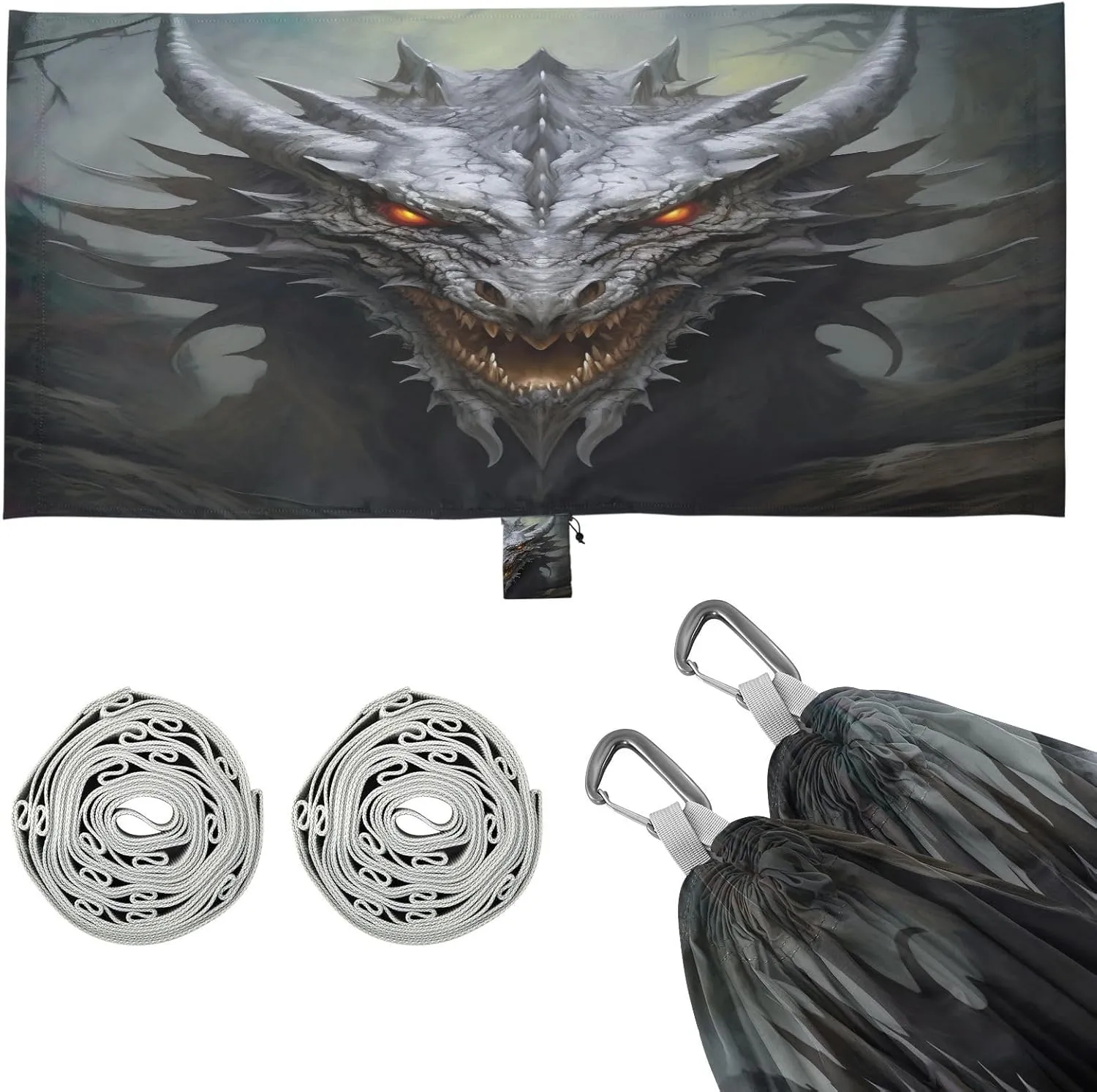 Fierce Gray Dragon Camping Hammock, 330 lbs with 2 Tree Straps, Carry Bag, Single Portable Hammock for Outdoor/Indoor, Hiking, Beach, Backpacking, Travel