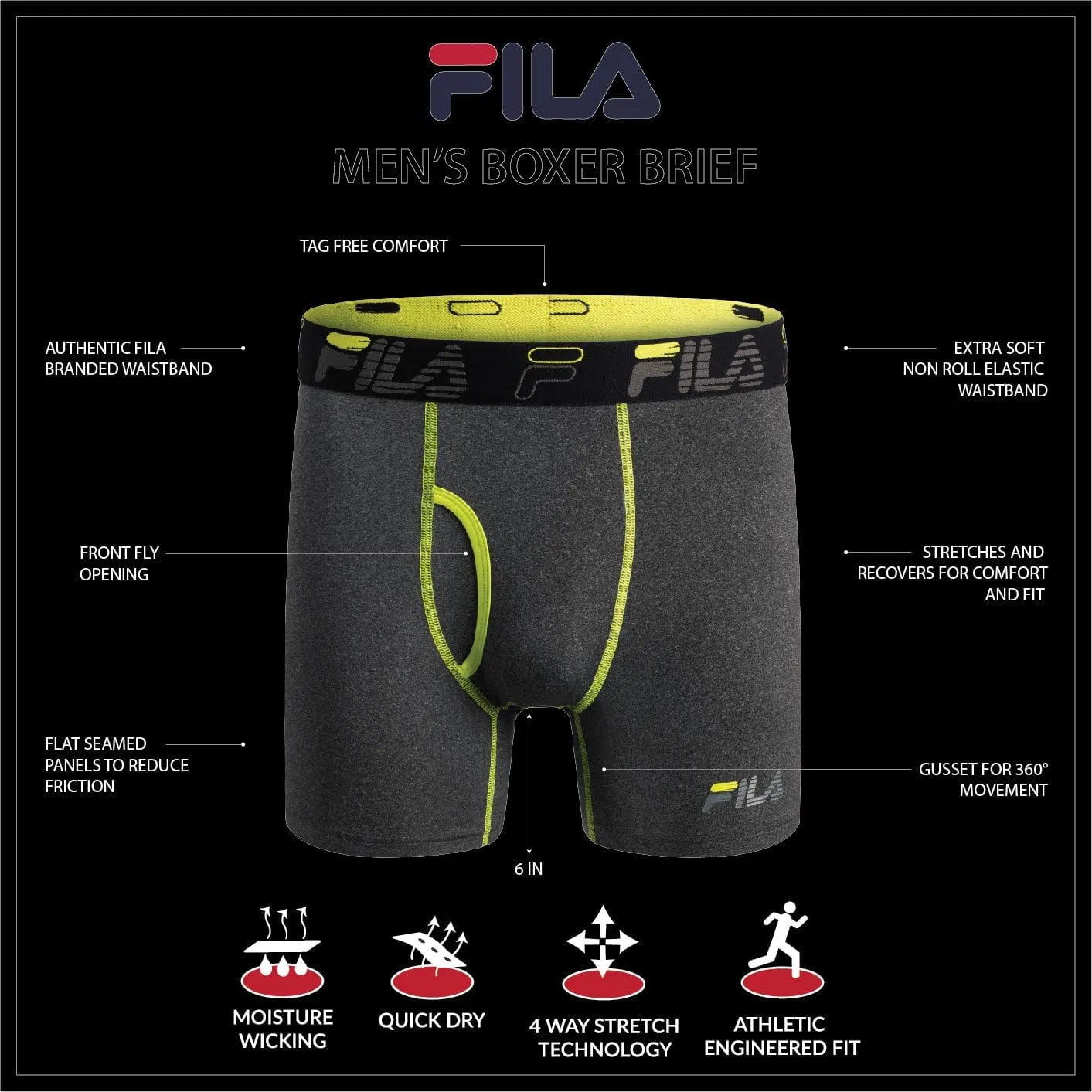 Fila Men's 6" Boxer Briefs Fly Front, 90% Polyester 10% Spandex, 4-Pack