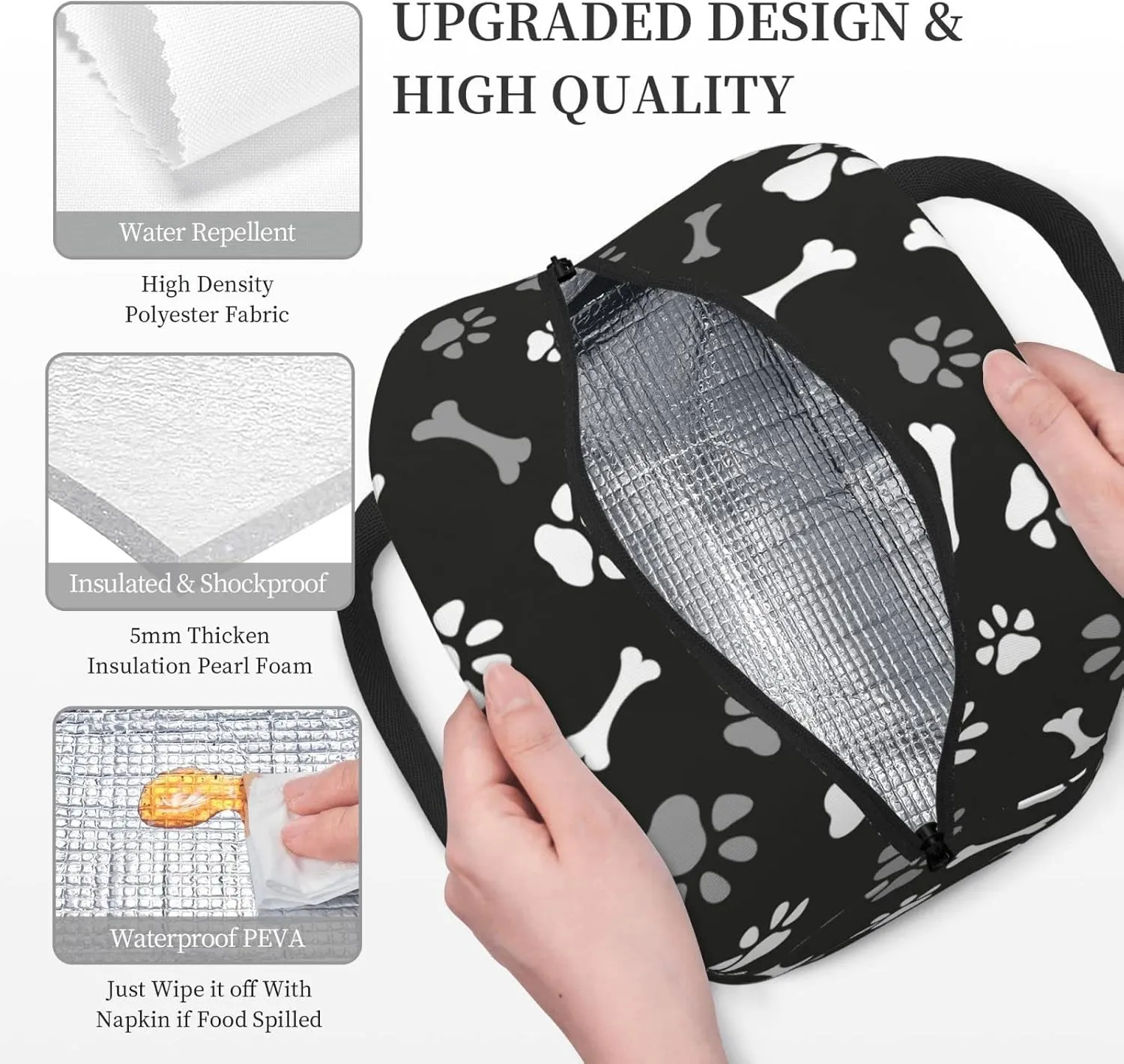 Fiokroo Lunch Bag Insulated Dog Paws And Bones Lunch Box Animal Footprints Reusable Waterproof Lunch Tote Bag For School Work College Outdoor Travel Picnic, 10l