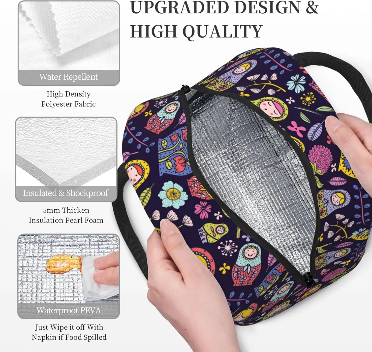 Fiokroo Lunch Bag Insulated Russian Nesting Dolls Matryoshka Lunch Box Reusable Waterproof Lunch Tote Bag For School Work College Outdoor Travel Picnic, 10l