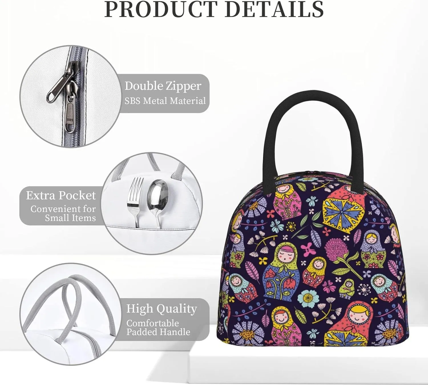 Fiokroo Lunch Bag Insulated Russian Nesting Dolls Matryoshka Lunch Box Reusable Waterproof Lunch Tote Bag For School Work College Outdoor Travel Picnic, 10l