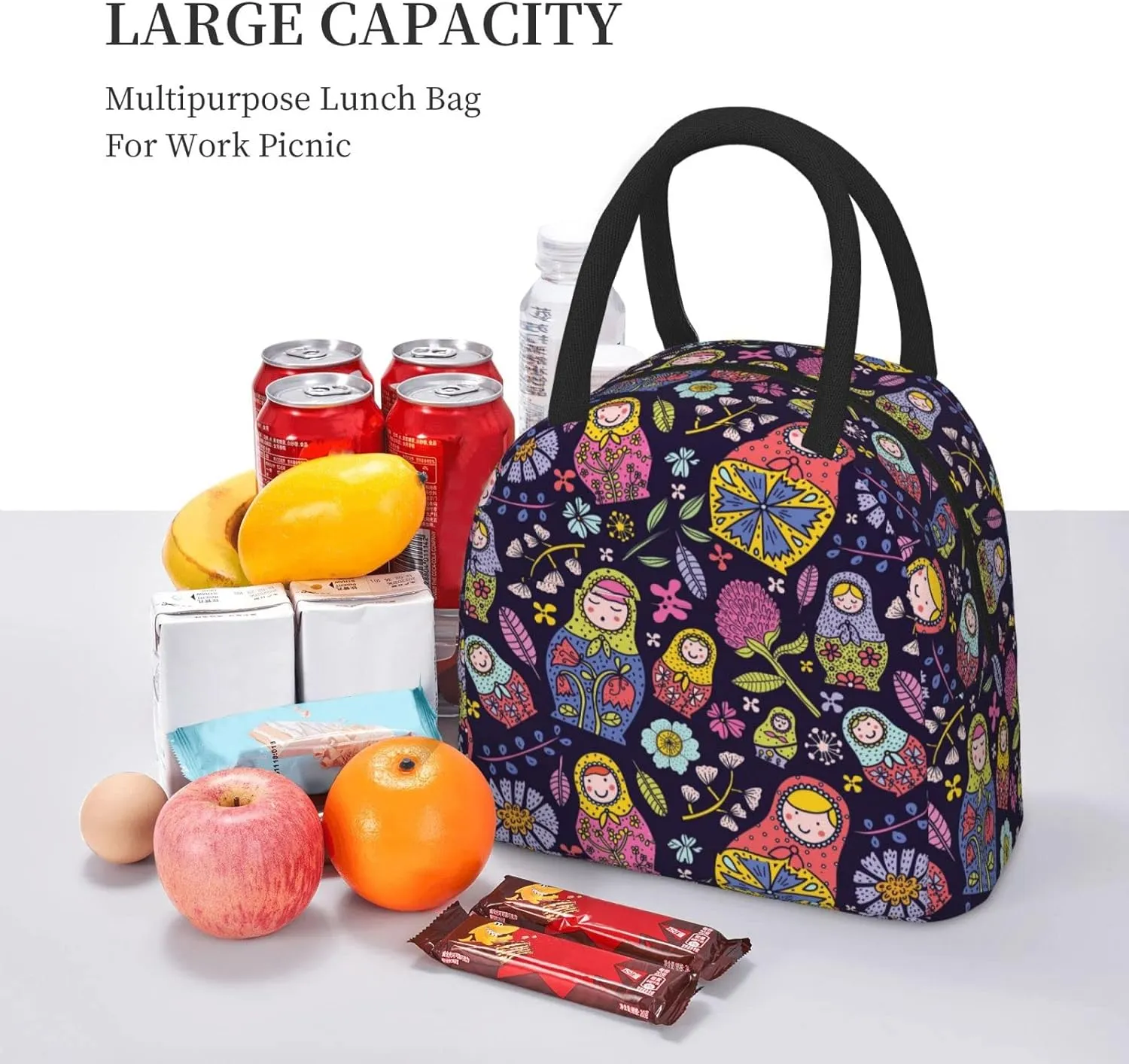 Fiokroo Lunch Bag Insulated Russian Nesting Dolls Matryoshka Lunch Box Reusable Waterproof Lunch Tote Bag For School Work College Outdoor Travel Picnic, 10l