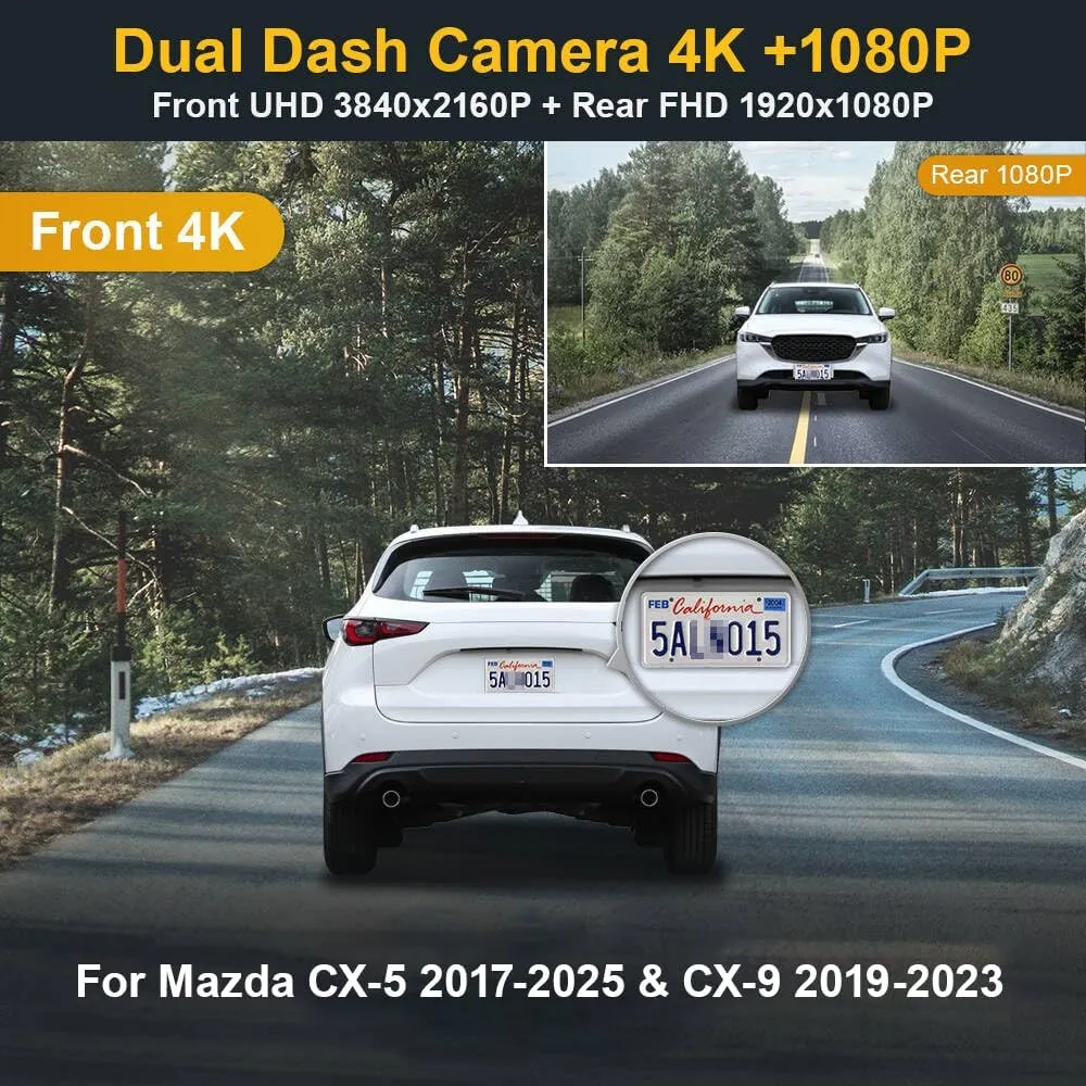 Fitcamx Front 4K Rear 1080P Dash Cam for 2017-2025 Mazda CX-5 & CX-9 2017-2023 (Has Sunroof), OEM Factory Look, Dual HD Video, WiFi & APP, Loop Recording, Parking Sensor, Easy to Use, 128GB Card