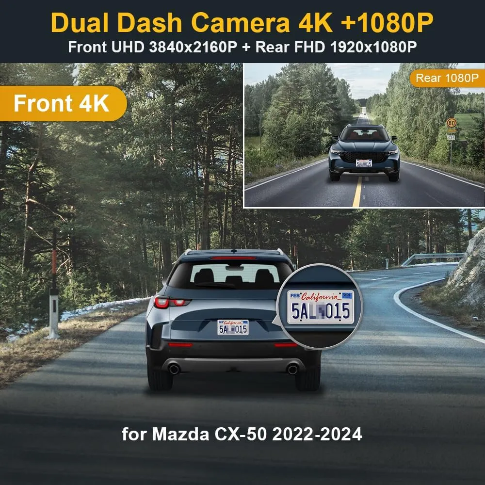 Fitcamx Front 4K Rear 1080P Dash Cam for 2022-2024 Mazda CX-50 (HD2-6687) 2.5 S Select Preferred Premium Plus Turbo Meridian, OEM Look, Dual HD Video, Loop Recording, WiFi & APP, Parking Mode, 128GB
