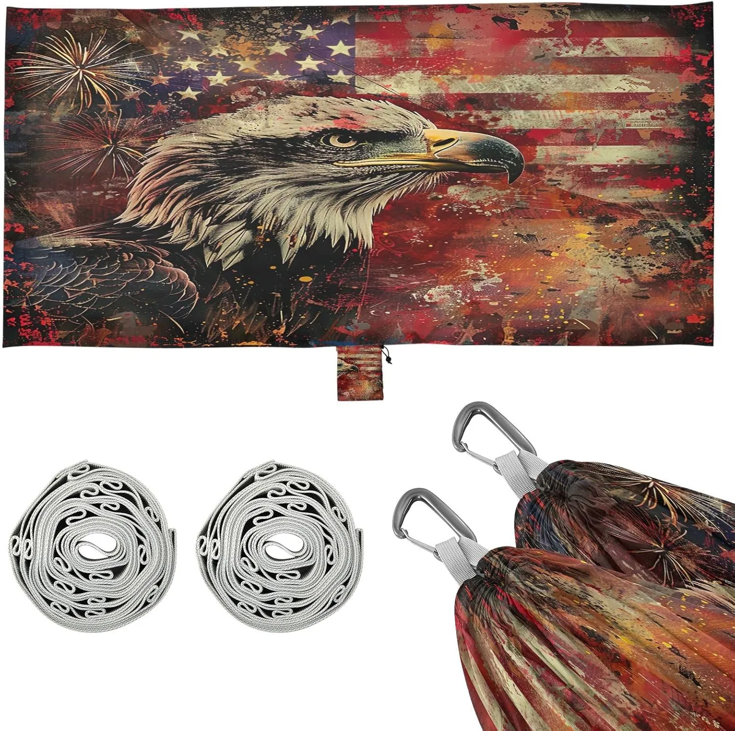 Flag Bald Eagle Camping Hammock, 330 lbs with 2 Tree Straps, Carry Bag, Single Portable Hammock for Outdoor/Indoor, Hiking, Beach, Backpacking, Travel