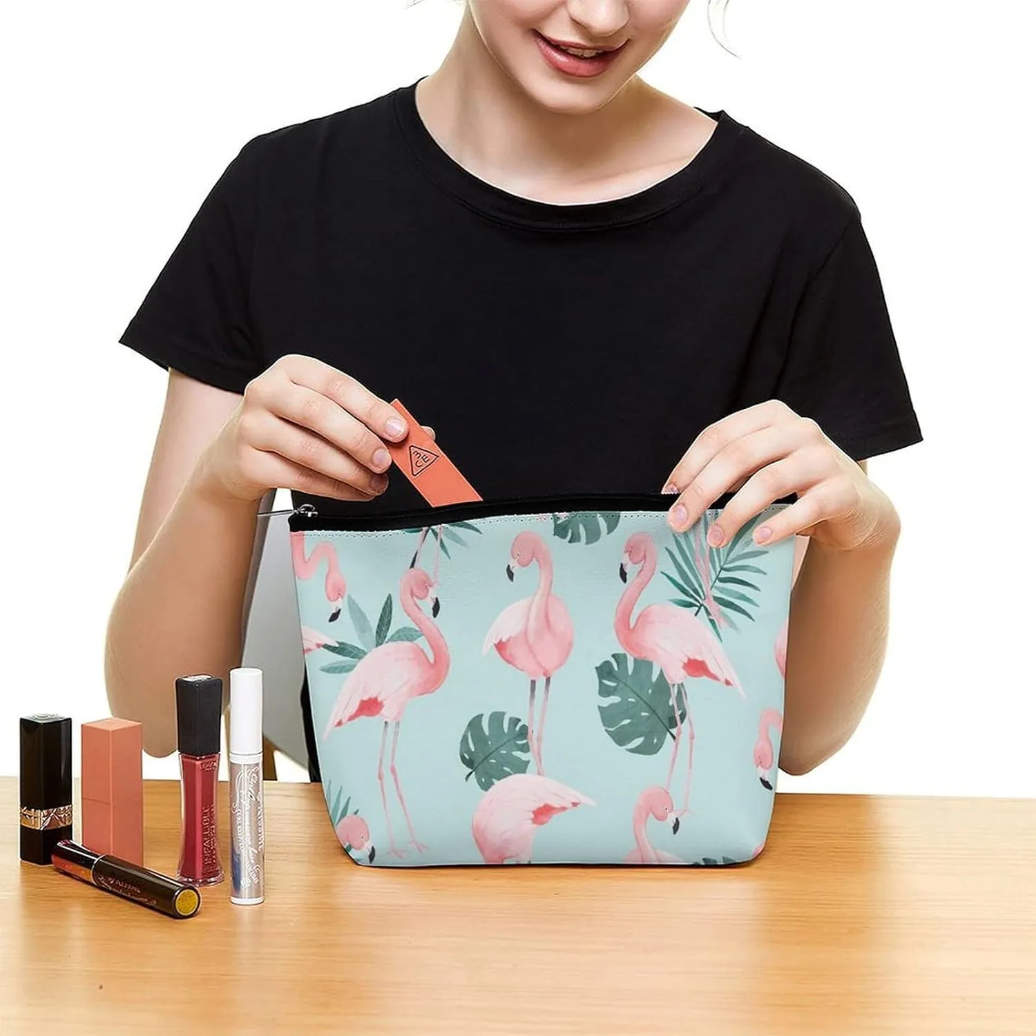 Flamingo Mint Green Large Capacity Portable Hand-held Makeup Bag