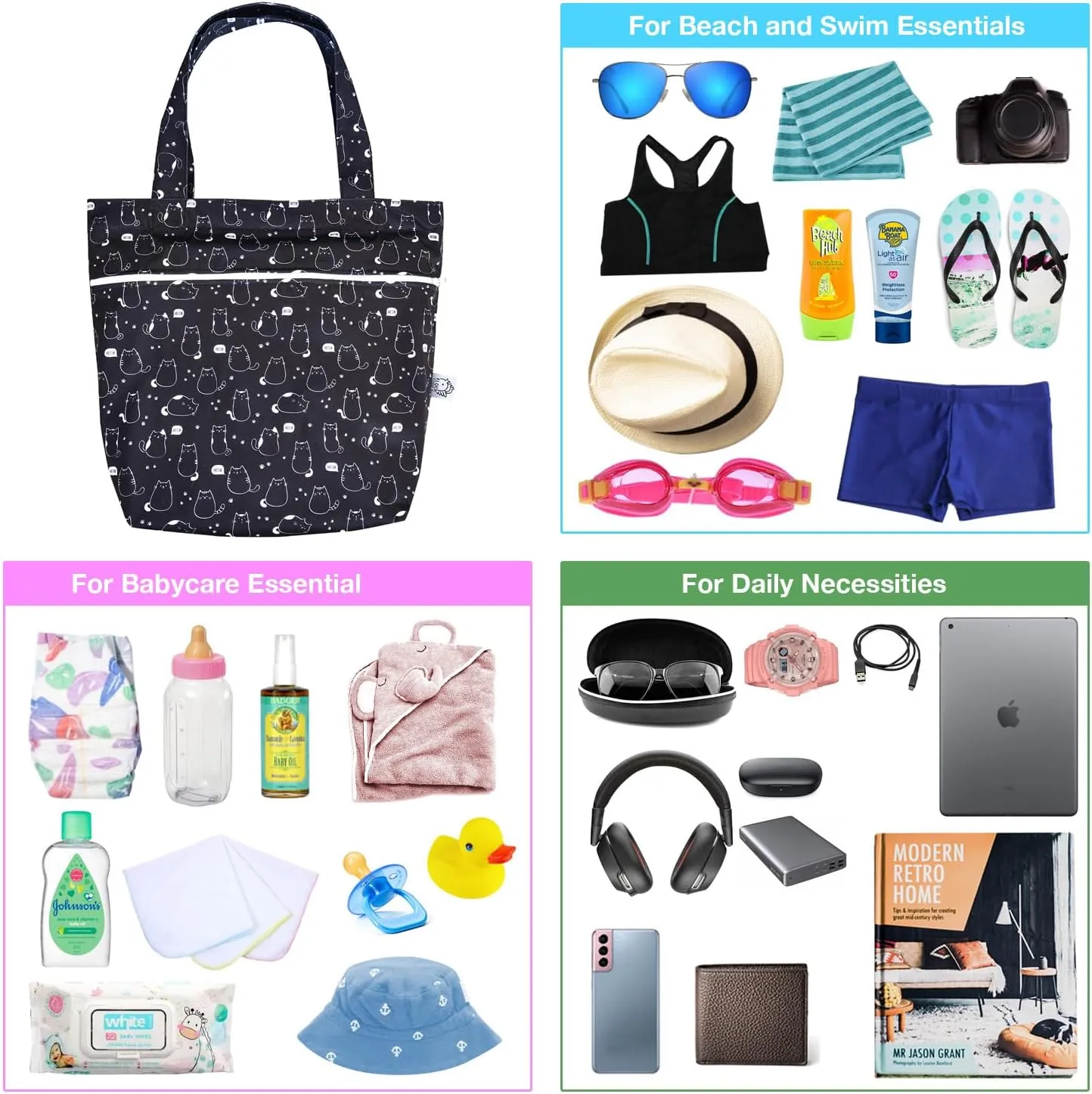 FLOCK THREE Leak Proof Large Tote Pool Bag Shoulder Handbag Water Proof with Zipper for Baby Care Sports Gym Grocery Travel