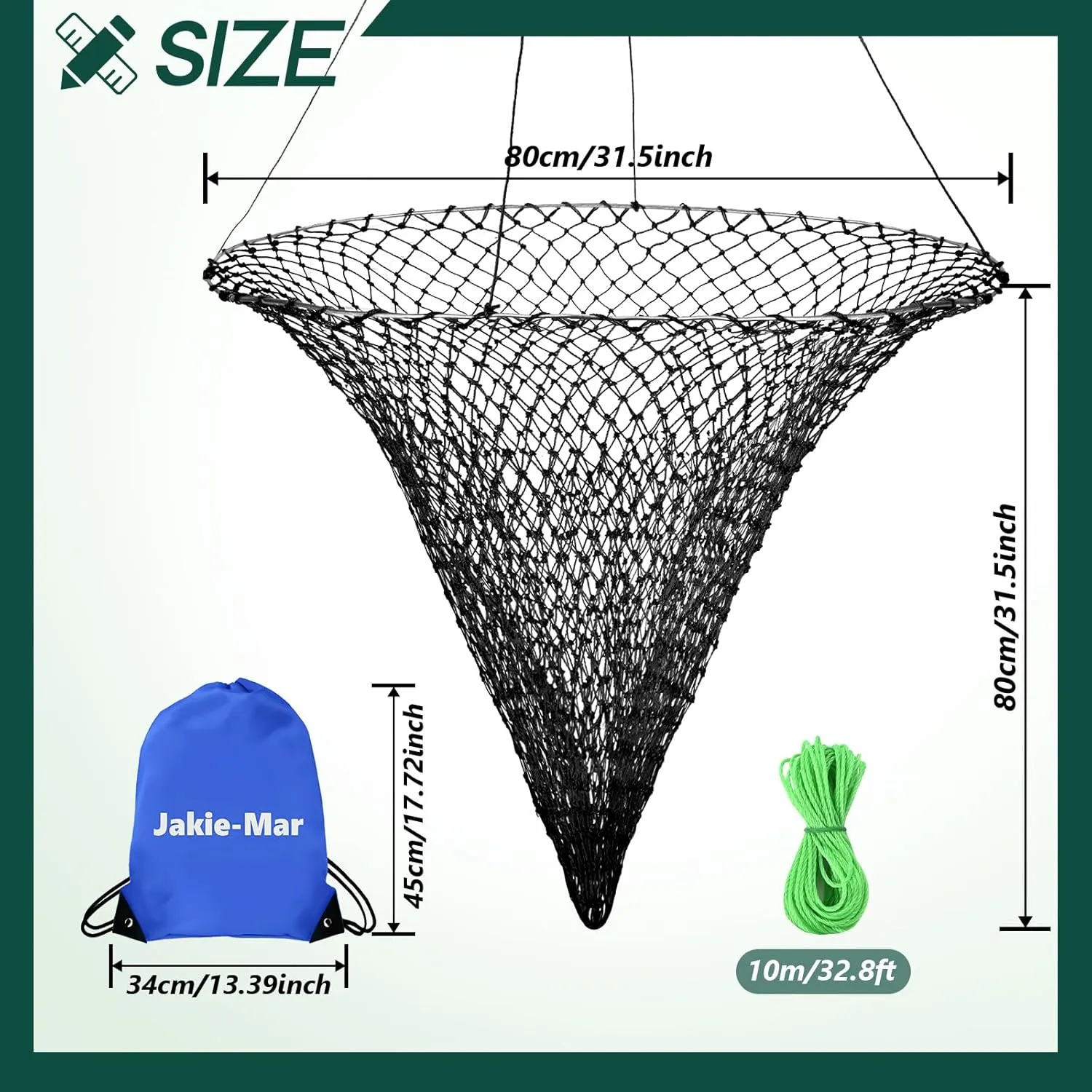 Foldable Bridge and Pier Fishing Net, Drop Net for Pier Fishing, Pier Net for Fishing Saltwater Freshwater, Multi-Purpose Foldable Rubber Fish Basket with 32FT Rope