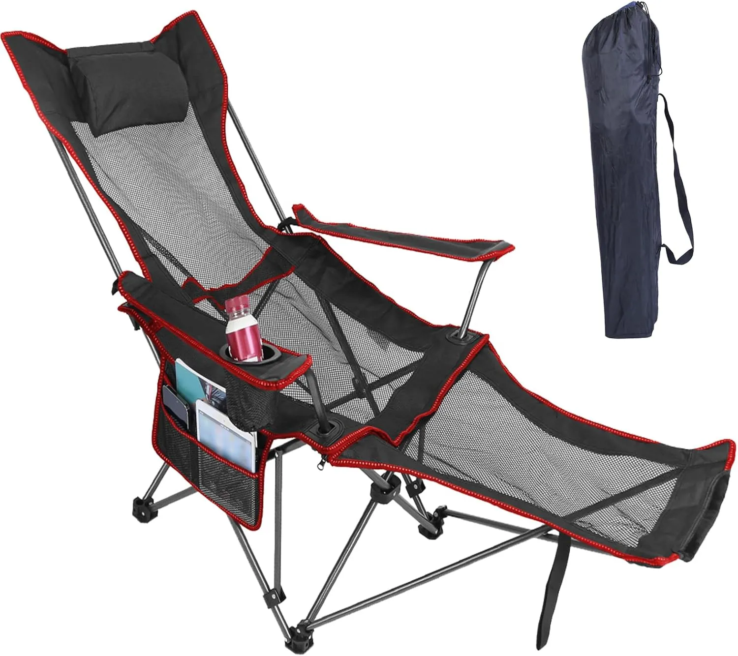 Foldable Camping Chair Reclining Camping Chair 330LBS Load Heavy Duty Steel Lawn Chair Collapsible Chair with Reclining Backrest Angle Cup Holder Pillow Side Pocket Carry Bag for Outdoor Fishing