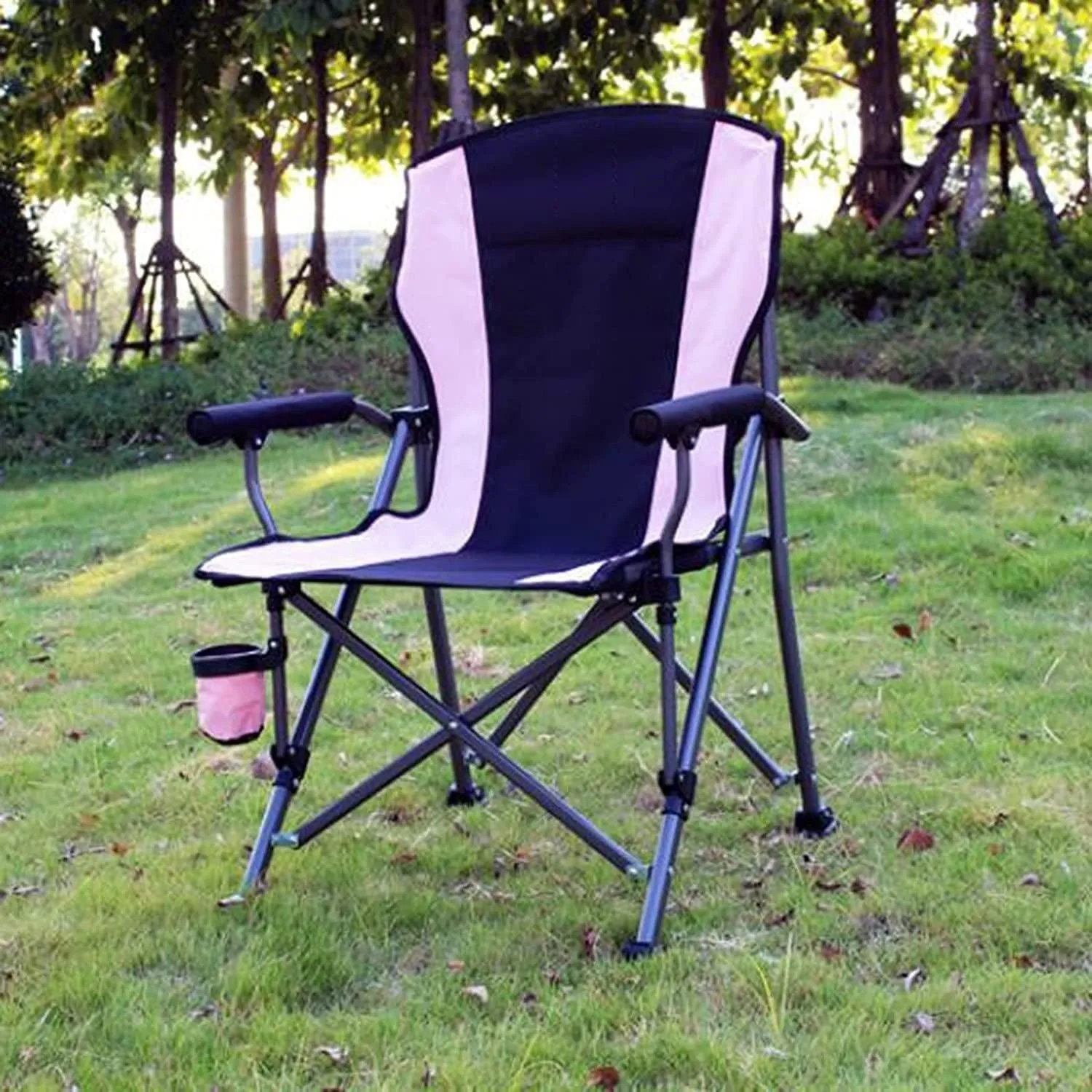 Folding Camping Folding Fishing Chair with High Back Outdoor Lawn Seat Folding Quad Arm Stool with Cup Holder and Steerable Foot Pad Chairs Foldable(Blue)