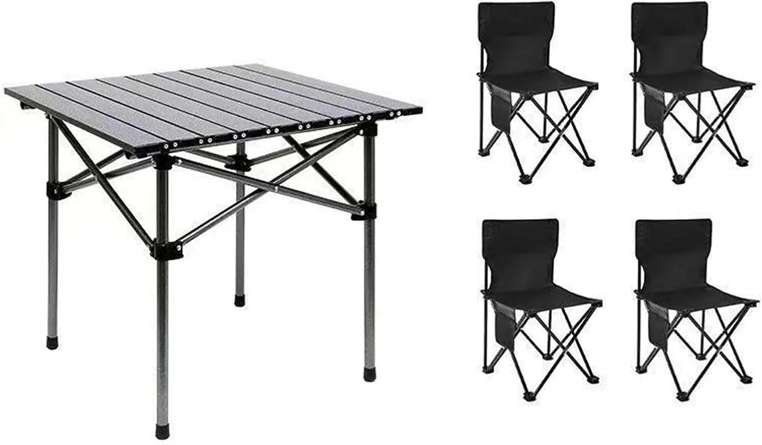 Folding Camping Table and Chairs Set of 4, Portable Lightweight Picnic Table with Carrying Bag and Aluminium Roll-up Table Top, Outdoor Indoor Use, 53cm-black