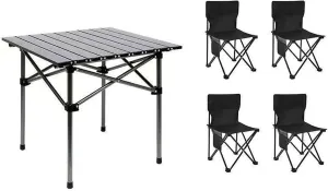 Folding Camping Table and Chairs Set of 4, Portable Lightweight Picnic Table with Carrying Bag and Aluminium Roll-up Table Top, Outdoor Indoor Use, 53cm-black