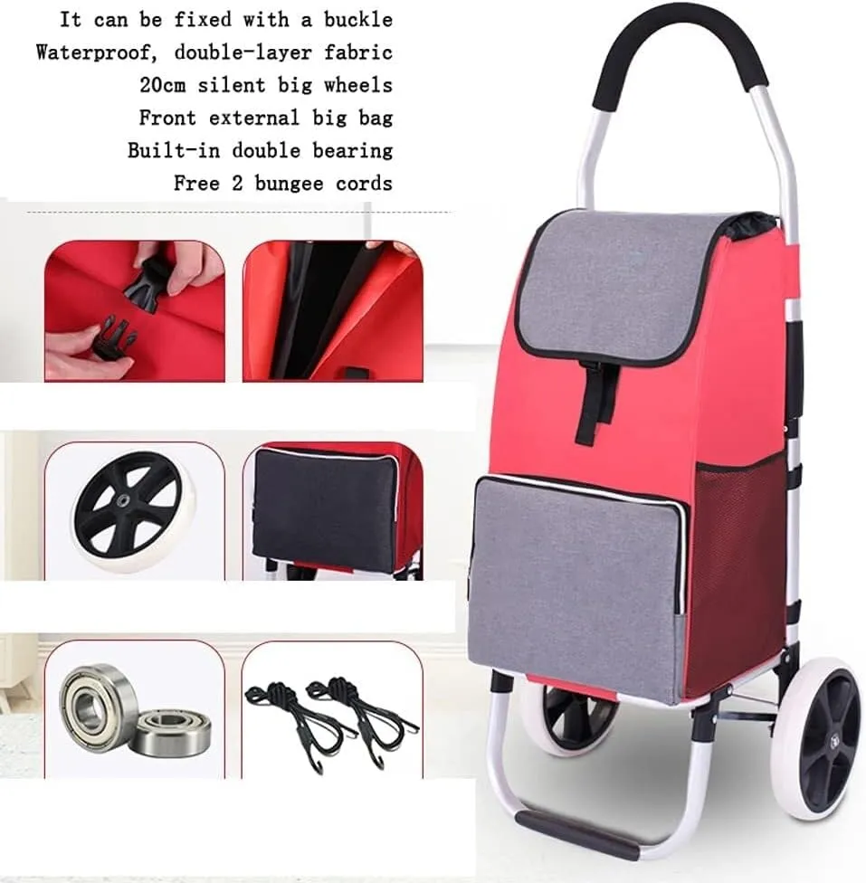Folding Shopping Cart, Collapsible 2 Large Wheels Silent Cart Trolley Bag Removable Lightweight Large Capacity Heavy Duty Carrying Cart Grocery Utility Carts(A)