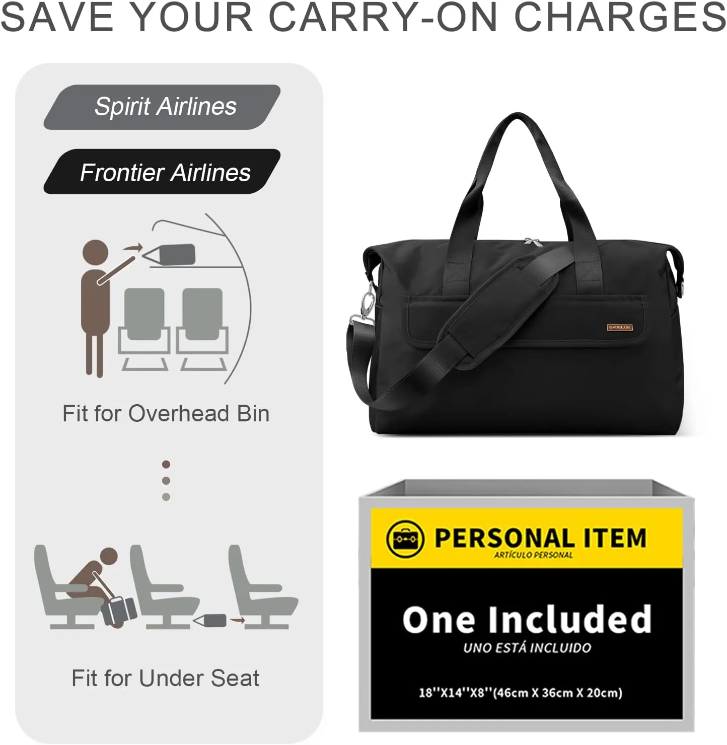For Spirit Airlines Personal Item Bag 18x14x8 Travel Duffel Bag with Toiletry Bag & Wet Pocket Underseat Weekender Carry On Luggage for Women Men (Black)