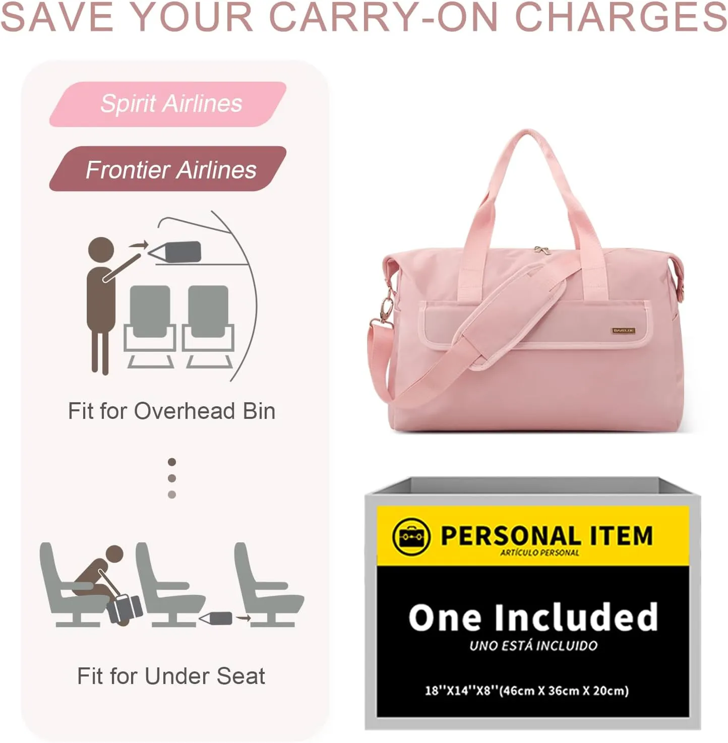 For Spirit Airlines Personal Item Bag 18x14x8 Travel Duffel Bag with Toiletry Bag & Wet Pocket Underseat Weekender Carry On Luggage for Women Men (Pink)