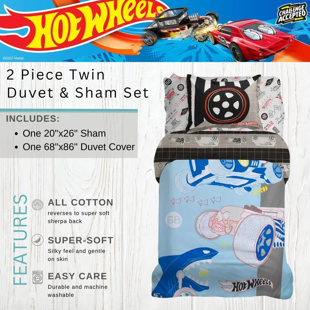 Franco Hot Wheels Kids Bedding Super Soft Premium Organic Cotton Duvet Cover with Sham, 2 Piece Twin Size, (Officially Licensed Product)