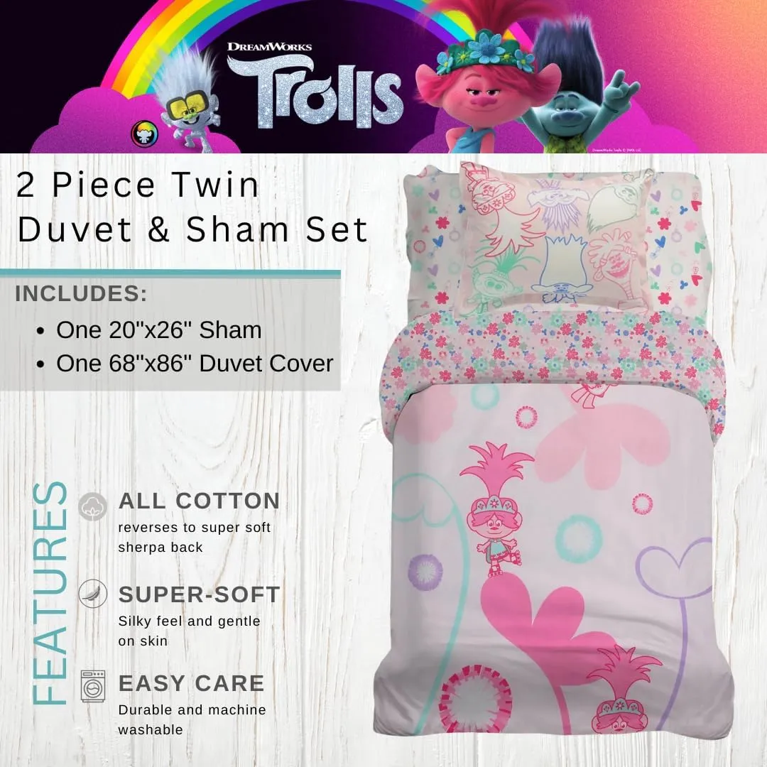 Franco Trolls Kids Bedding Super Soft Premium Organic Cotton Duvet Cover with Sham, 2 Piece Twin Size, (Officially Licensed Product)