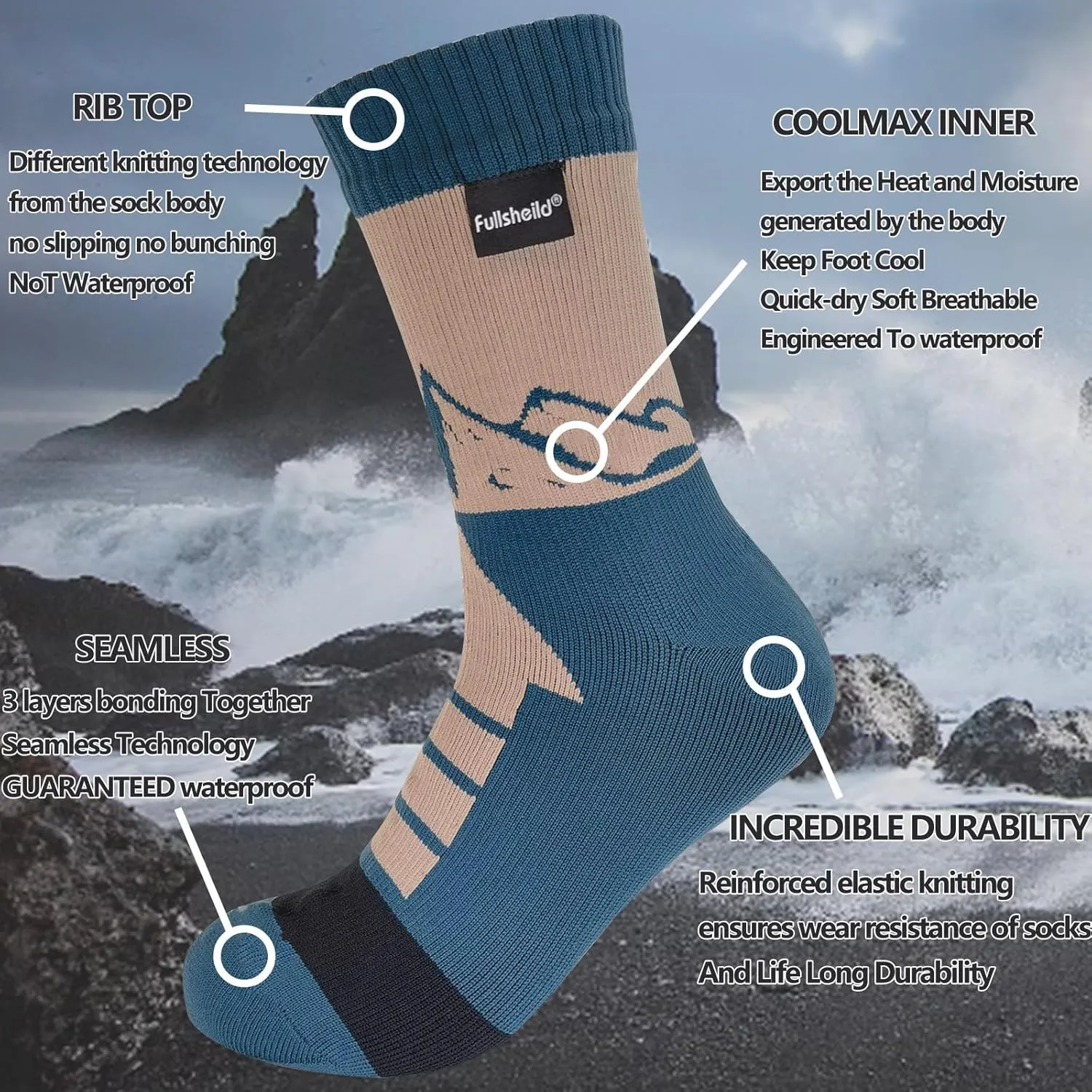 Fullsheild Men’s Waterproof Hiking Socks, Unisex Breathable Outdoor Athletic Hiking Wading Trail Running Skiing Crew Socks