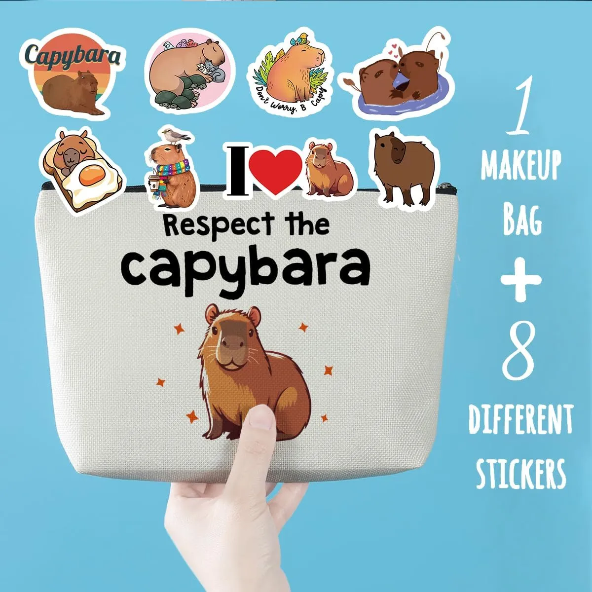 Funny Capybara Makeup Bag Capybara Gifts Cosmetic Bag with 8 PCs Stickers Animal Lover Gifts for Women Girls Daughter Best Friends Sisters Capybara Stuff Graduation Birthday Gifts Travel Toiletry Bag