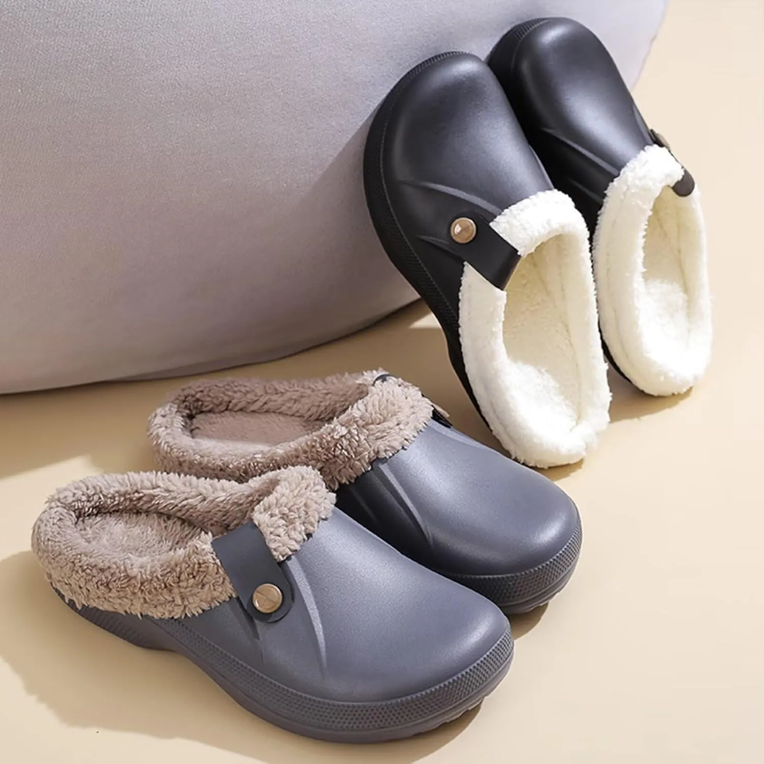 Fur Lined Clogs Waterproof Slippers Fleece Lined Clogs for Women Men Fuzzy Winter Warm Indoor Outdoor Shoes