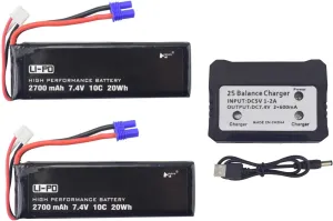 Fytoo 2 pcs 7.4V 2700mAh 10C Battery  1 Battery Charger for Hubsan H501S H501A H501C H501M H501S W H501S pro Four-axis Aircraft Aerial Camera Drone Spare Parts (2 Batteries 1 Battery Charger)