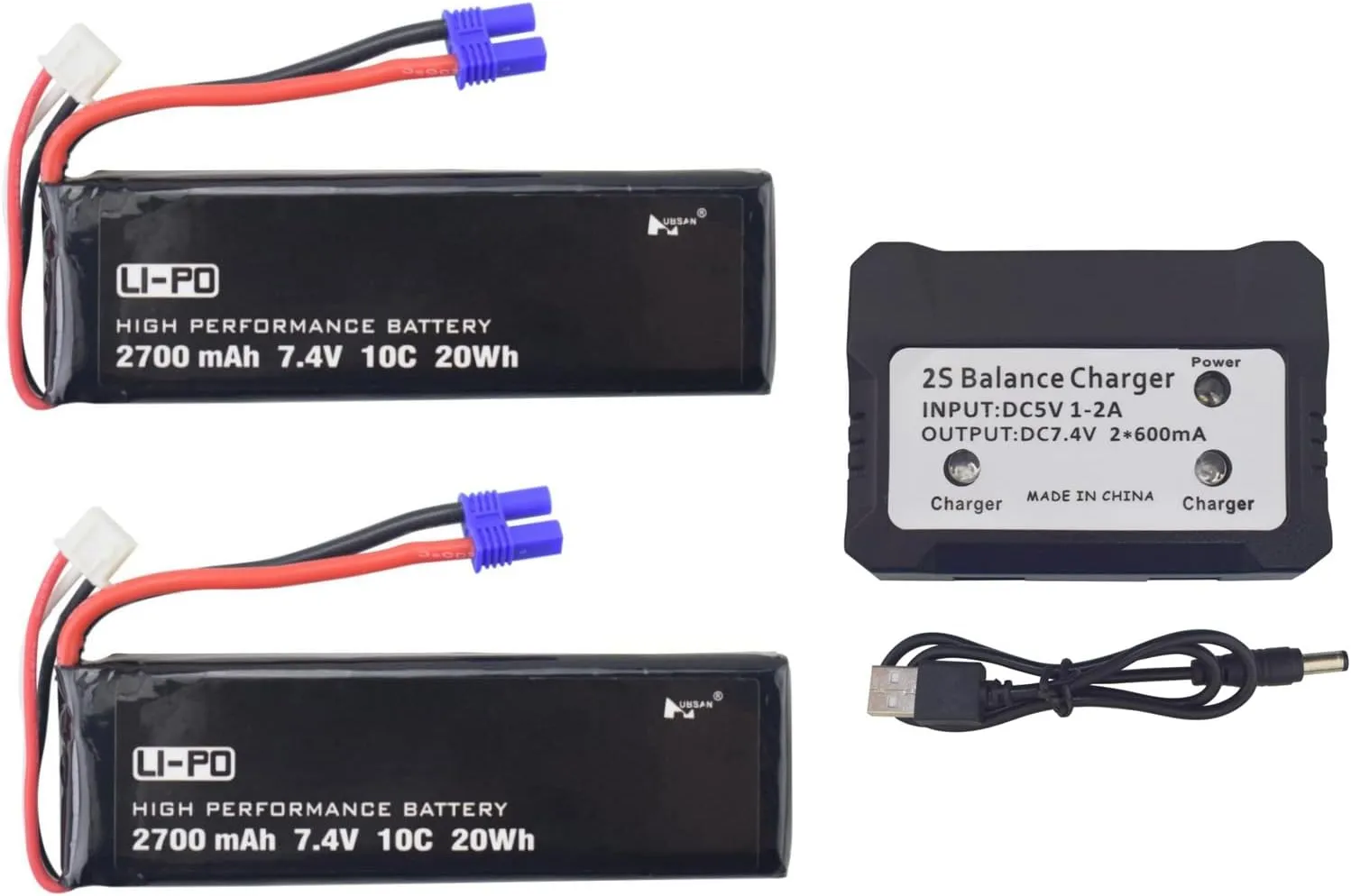 Fytoo 2 pcs 7.4V 2700mAh 10C Battery  1 Battery Charger for Hubsan H501S H501A H501C H501M H501S W H501S pro Four-axis Aircraft Aerial Camera Drone Spare Parts (2 Batteries 1 Battery Charger)